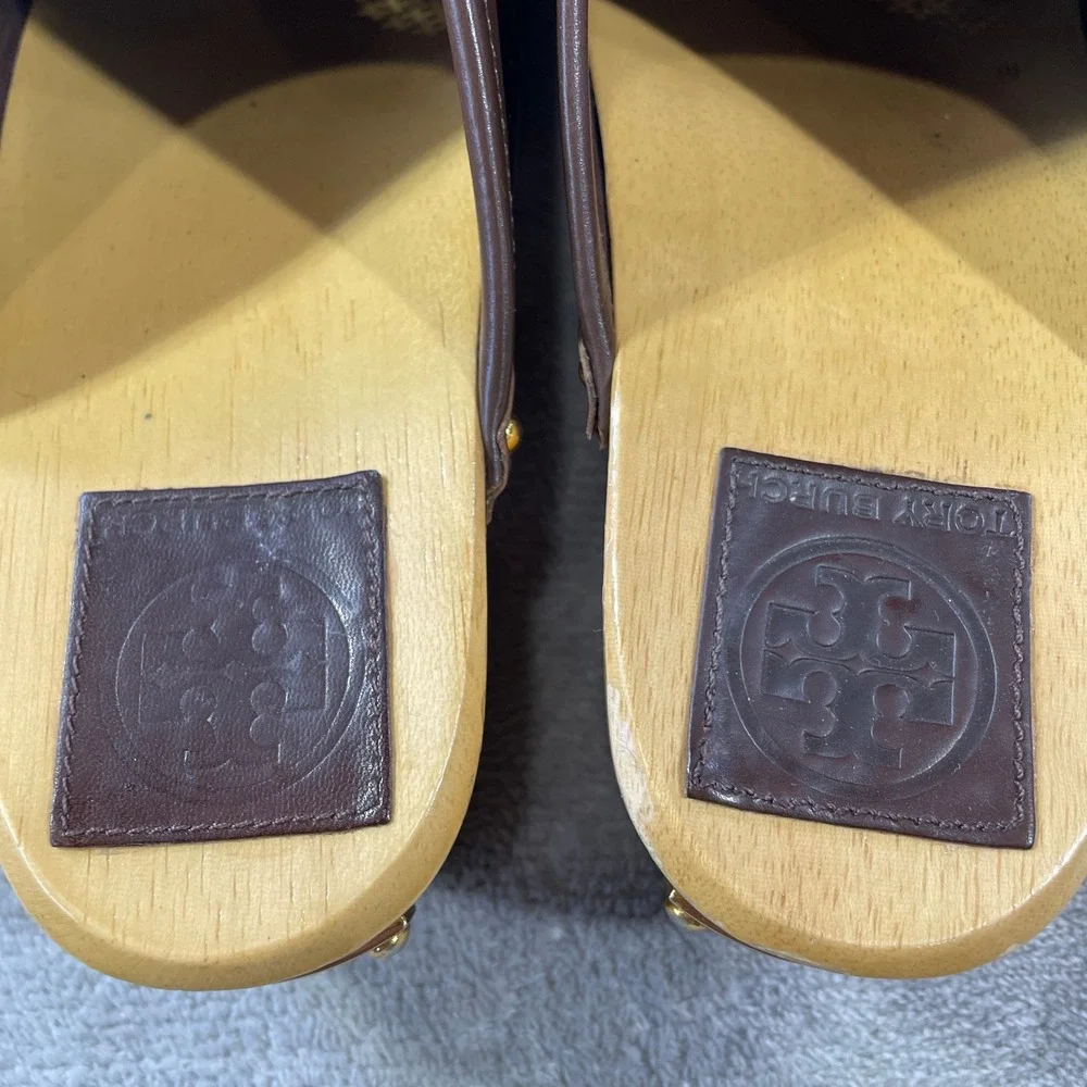 Tory Burch Wooden Clogs Mules Womens 8 Brown Leather Perforated Preppy Boho
